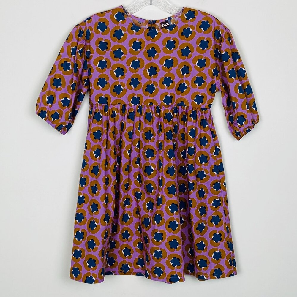 New Tea Collection Puff Sleeve Dress Floral Purple Cotton Pockets, Girls Size 12
